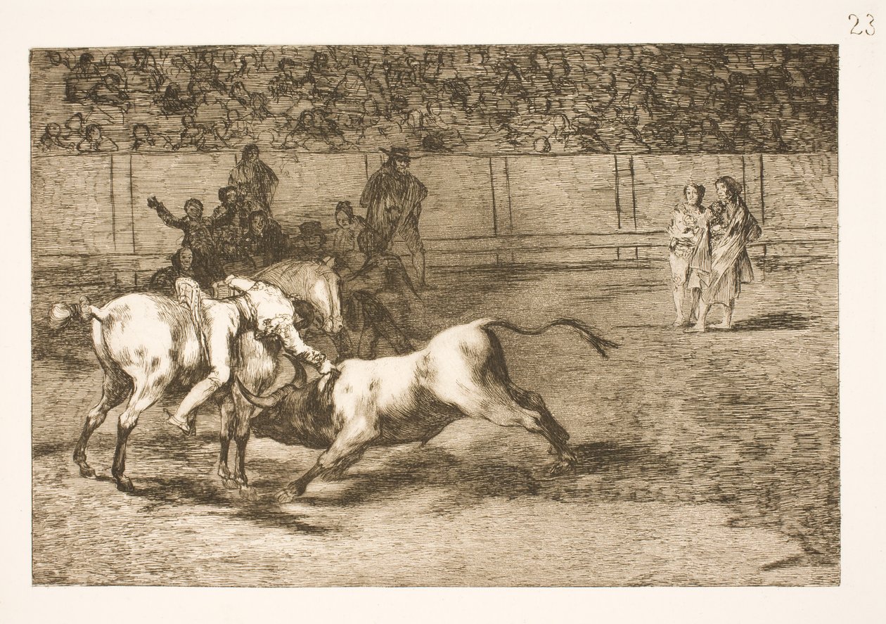 Maria Ceballas, también llamada la india, mata al toro desde su caballo de Francisco de Goya