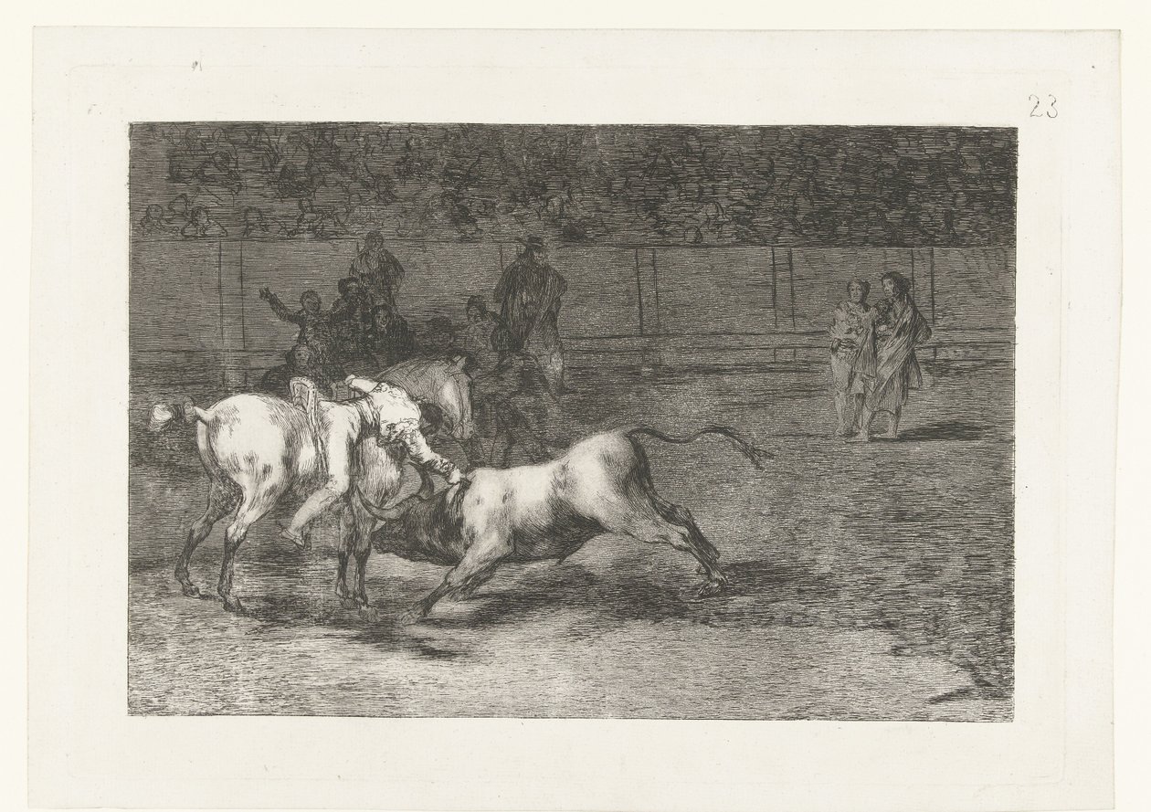 Mariano Ceballos doodt een stier Madriano Ceballos, alias El Indio, mata el toro desde su caballo La Tauromaquia (series title) Stierenvechten (series title) de Francisco de Goya