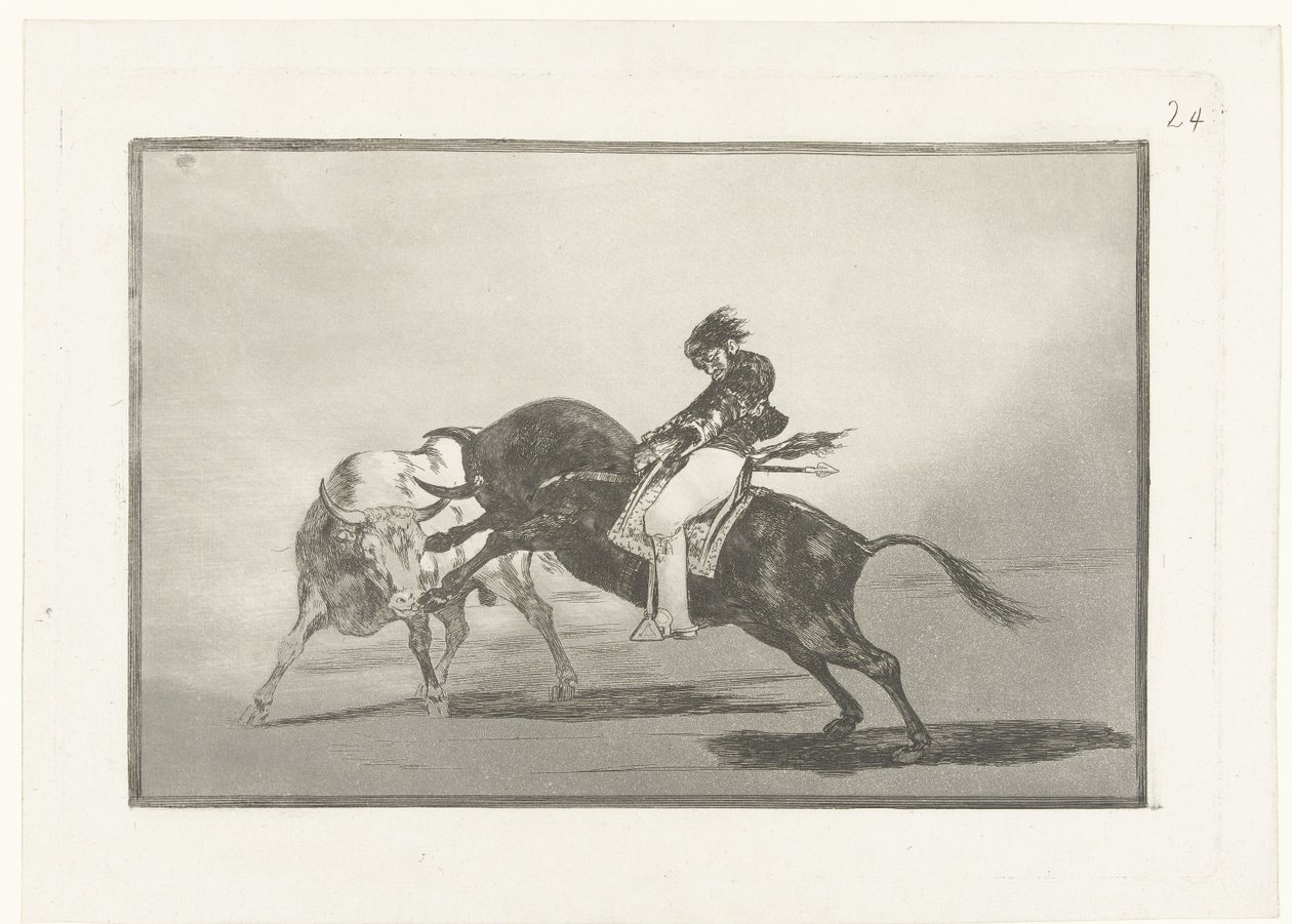 Mariano Ceballos rijdend op een stier El mismo Ceballos montado sobre otro toro quiebra rejones en la plaza de Madrid La Tauromaquia (series title) Stierenvechten (series title) de Francisco de Goya