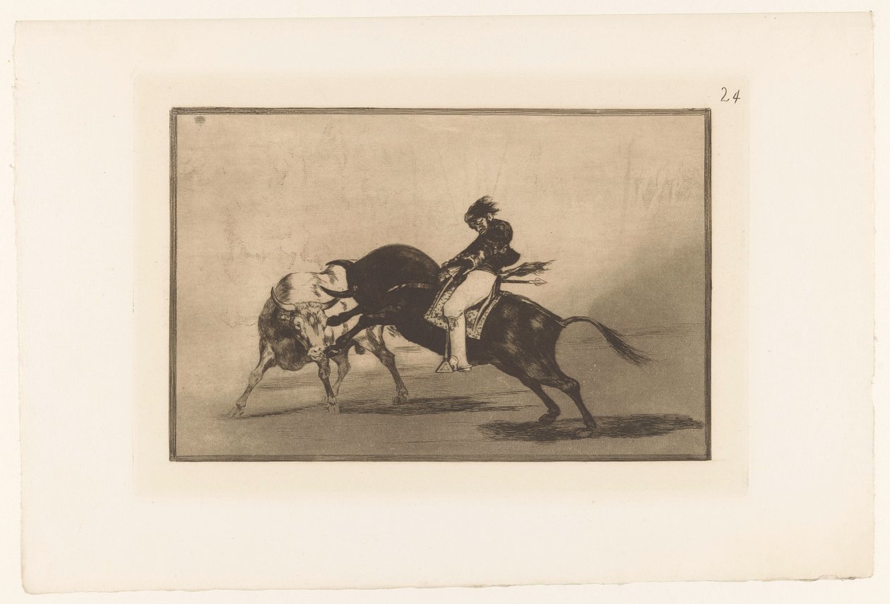 Mariano Ceballos rijdend op een stier El mismo Ceballos montado sobre otro toro quiebra rejones en la plaza de Madrid Stierengevechten (series title) La Taureaumachie (series title) La Tauromaquia (series title) de Francisco de Goya