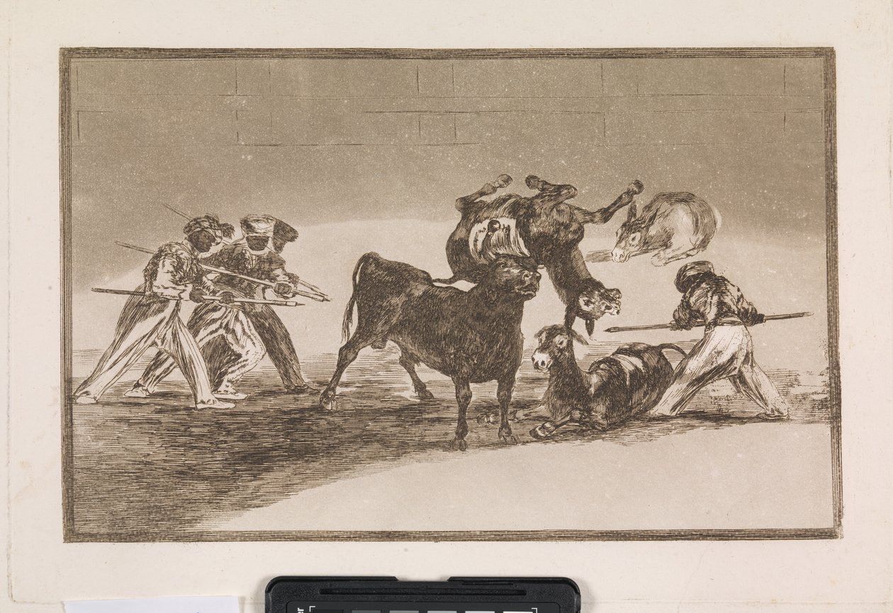 Los moros usan burros como barrera para defenderse del toro, cuyos cuernos han sido equipados con bolas de Francisco de Goya
