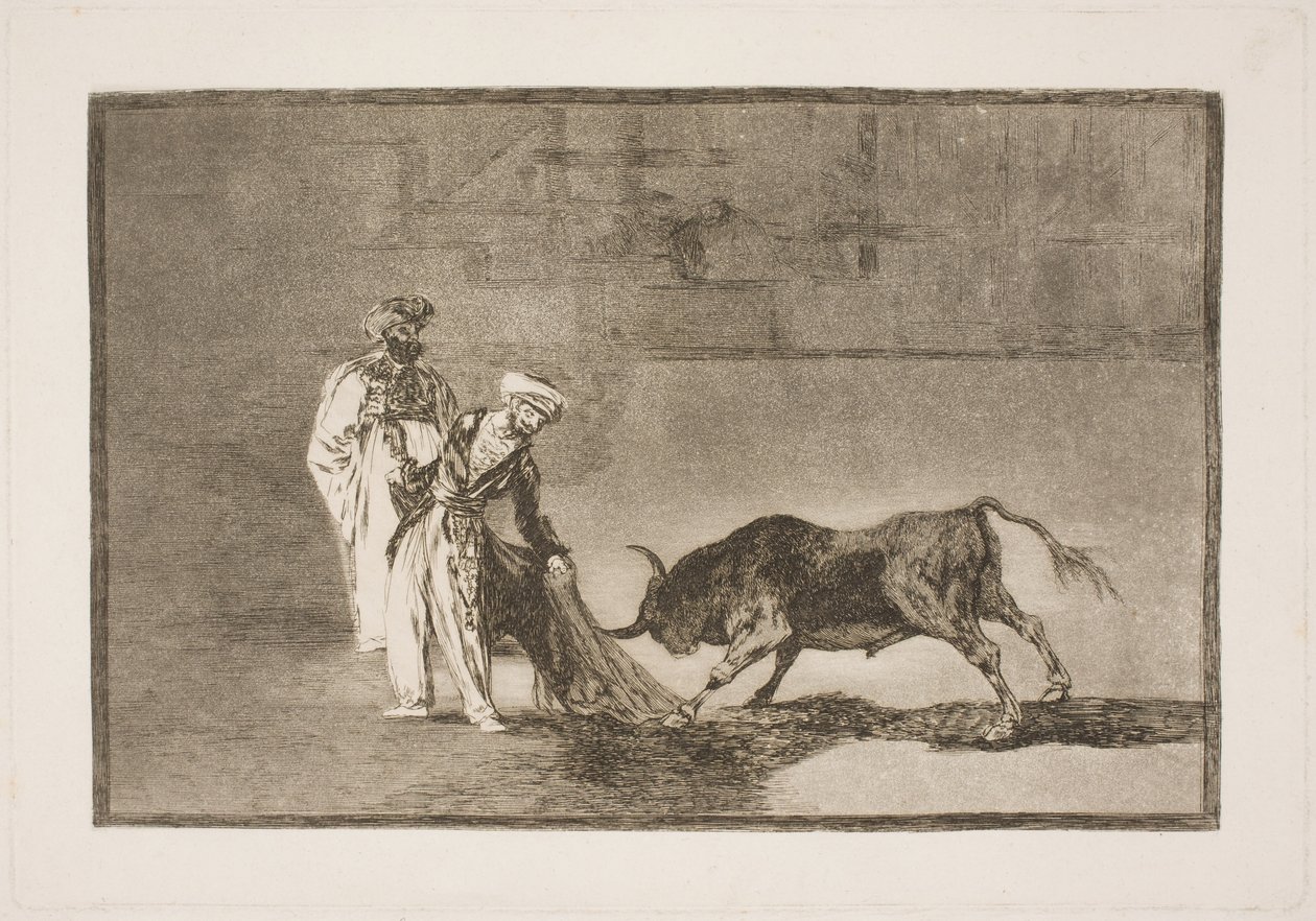 Los moros en la arena se esfuerzan por atraer al toro con sus burnus de Francisco de Goya