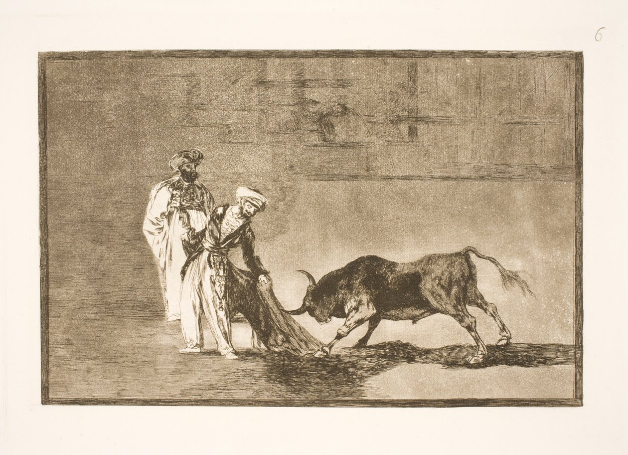 Los moros realizan otro truco en la arena y atraen a los toros con sus burnus de Francisco de Goya