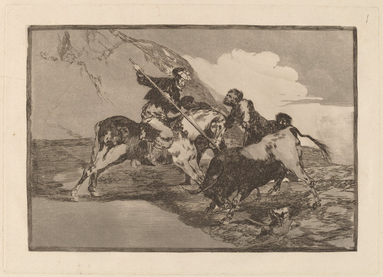 Modo con que los antiguos españoles cazaban los toros a caballo en el campo de Francisco de Goya