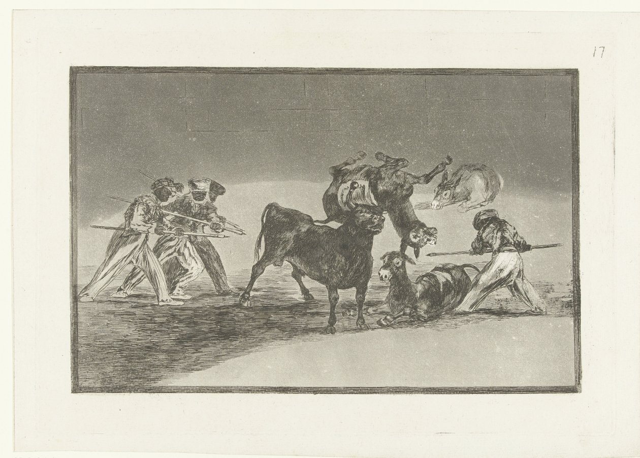 Moros y burros lidiando con un toro Palenque de los Moros hecho con burros para defenderse del toro embolado La Tauromaquia (título de la serie) Corridas de toros (título de la serie) de Francisco de Goya