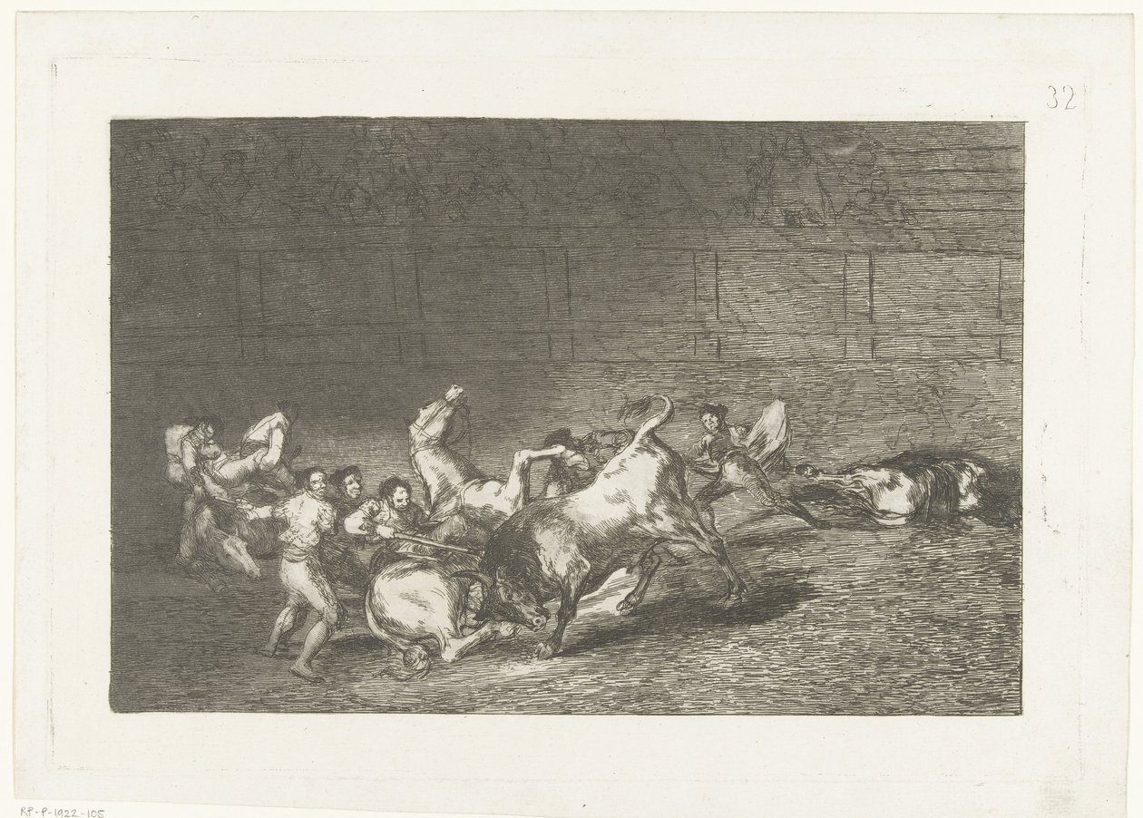 Picador steekt een lans in een stier Dos grupos de picadores arrollados de seguida por un solo toro La Tauromaquia (series title) Stierenvechten (series title) de Francisco de Goya