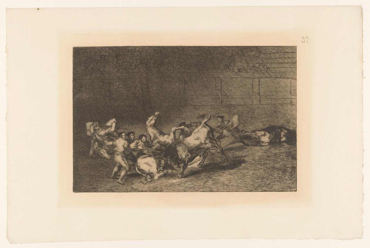 Picador steekt een lans in een stier Dos grupos de picadores arrollados de seguida por un solo toro Stierengevechten (series title) La Taureaumachie (series title) La Tauromaquia (series title) de Francisco de Goya