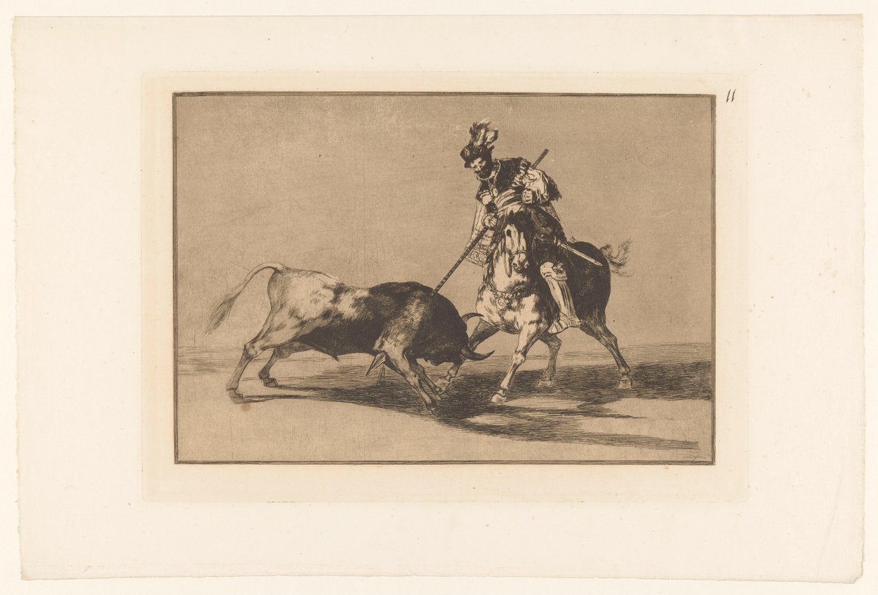 Rodrigo Díaz de Vivar verwondt een stier El Cid Campeador lanceando otro toro Stierengevechten (series title) La Taureaumachie (series title) La Tauromaquia (series title) de Francisco de Goya