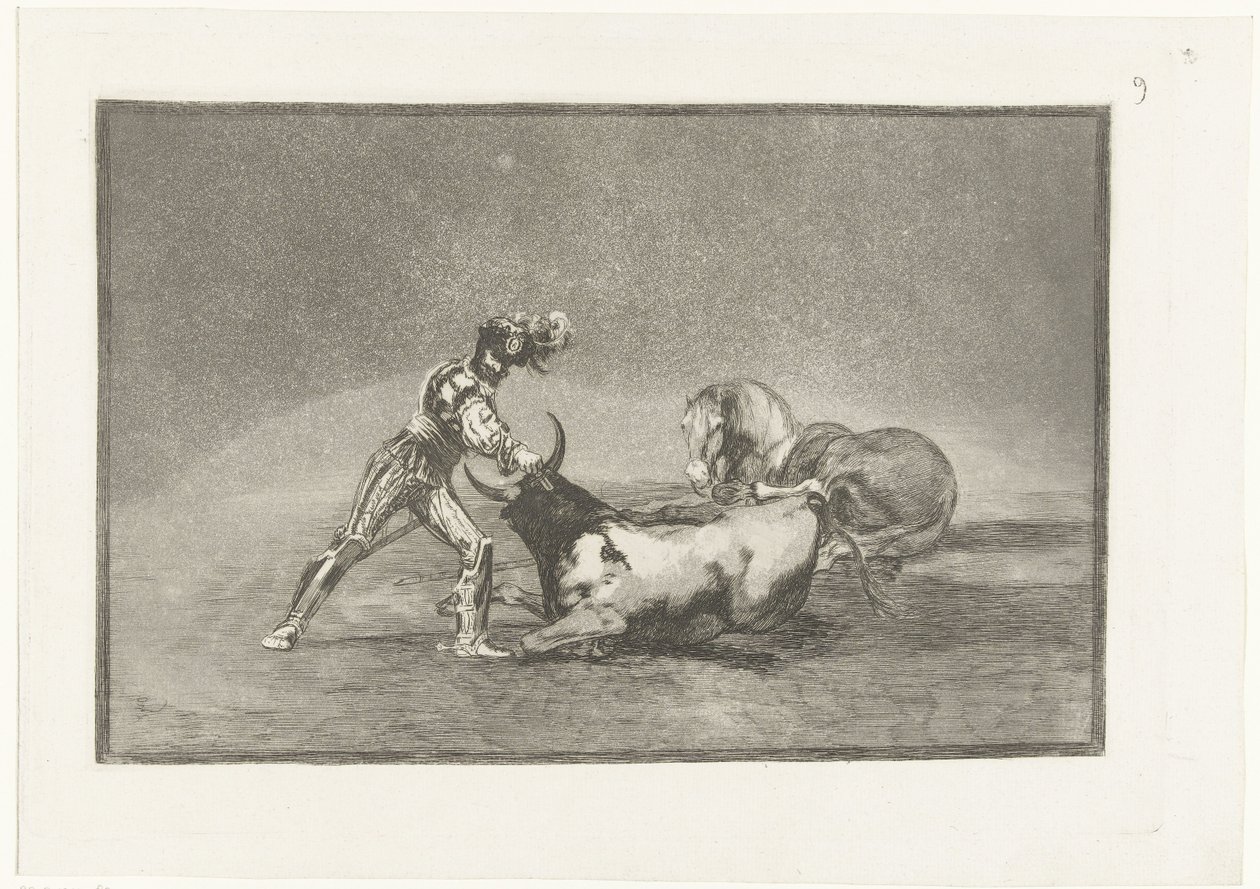 Spaanse ridder doody en stier Un caballero Español mata un toro despues de haber perdido el caballo Stierenvechten (series title) La Tauromaquia (series title) de Francisco de Goya