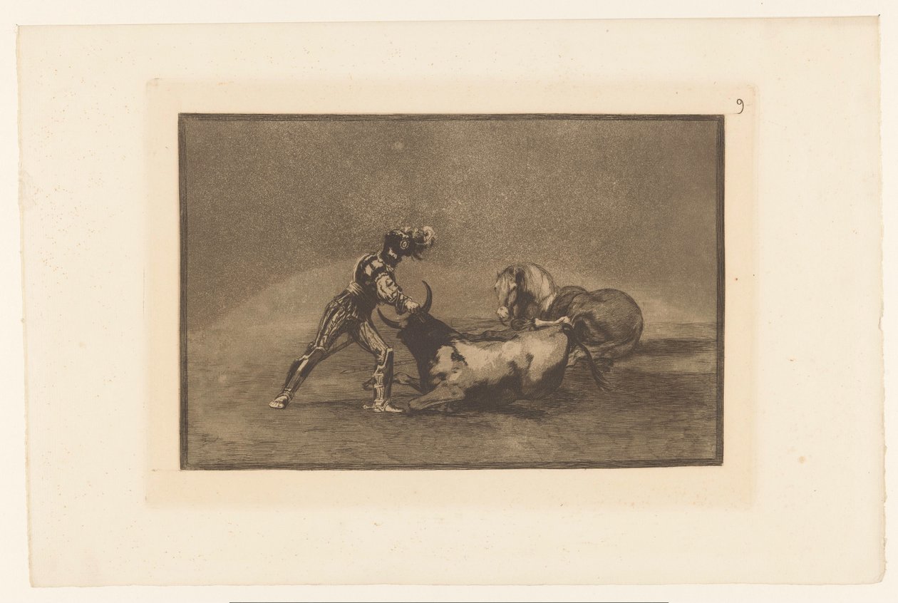 Spaanse ridder doodt een stier Un caballero Español mata un toro despues de haber perdido el caballo Stierengevechten (series title) La Taureaumachie (series title) La Tauromaquia (series title) de Francisco de Goya
