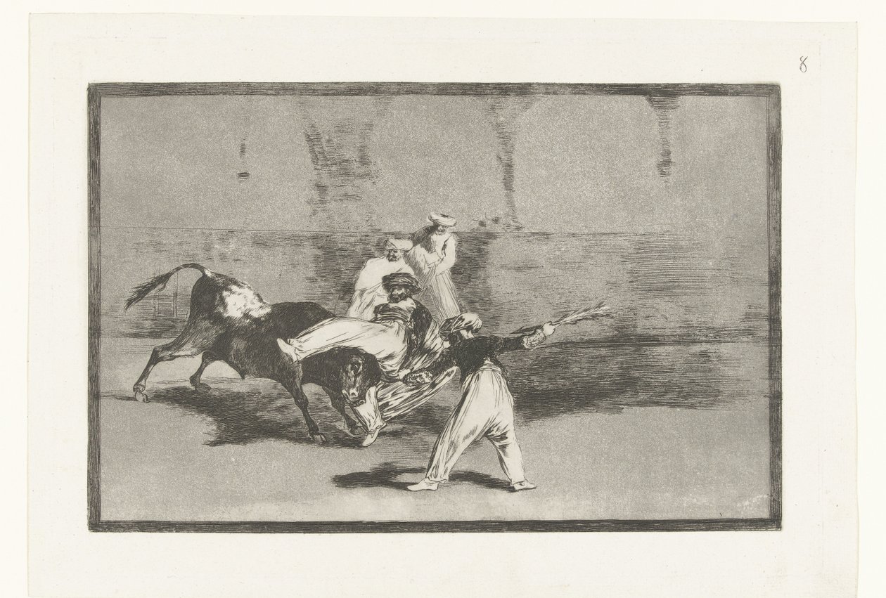 Tauro es agarrado por toreros Cogida de un Moro estando en la plaza Corridas de toros (título de la serie) La Tauromaquia (título de la serie) de Francisco de Goya