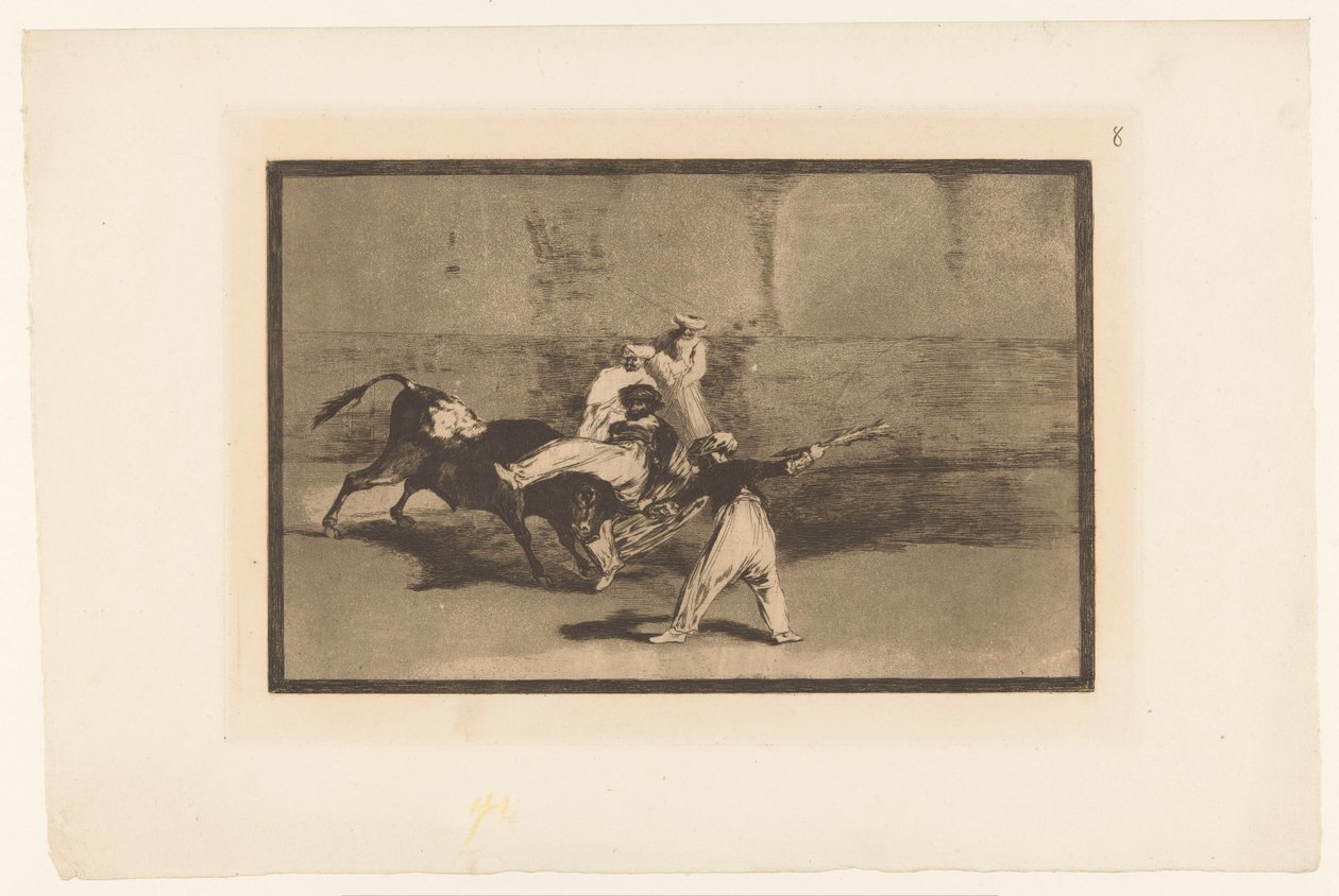 Tauro es agarrado por toreros Cogida de un Moro estando en la plaza Corridas de toros (título de la serie) La Taureaumachie (título de la serie) La Tauromaquia (título de la serie) de Francisco de Goya