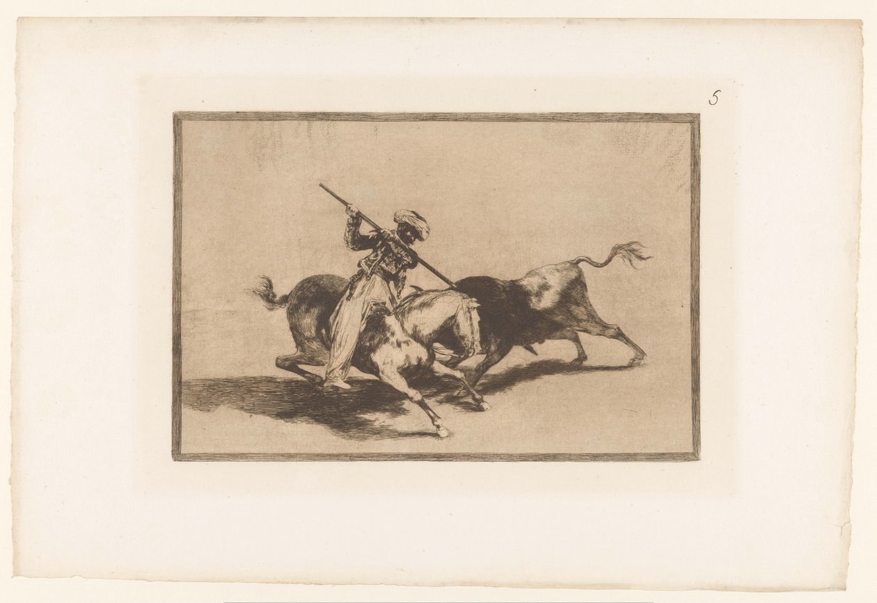 Stierenjacht te paard El animoso moro gazul es el primero que lanceó toros en regla Stierengevechten (series title) La Taureaumachie (series title) La Tauromaquia (series title) de Francisco de Goya