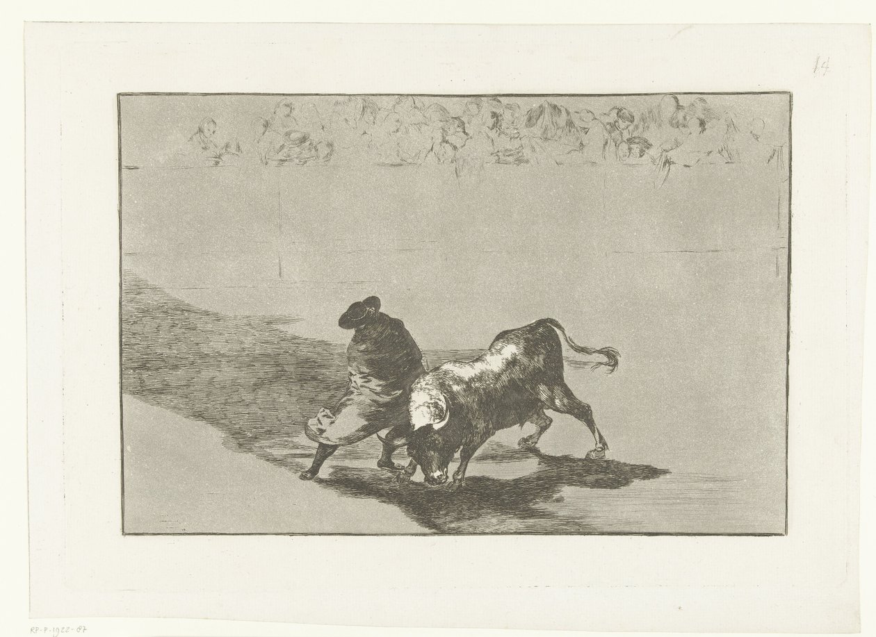 Stierenvechter in een arena El diestrísimo estudiante de Falces, embozado burla al toro con sus quiebros Stierenvechten (series title) La Tauromaquia (series title) de Francisco de Goya