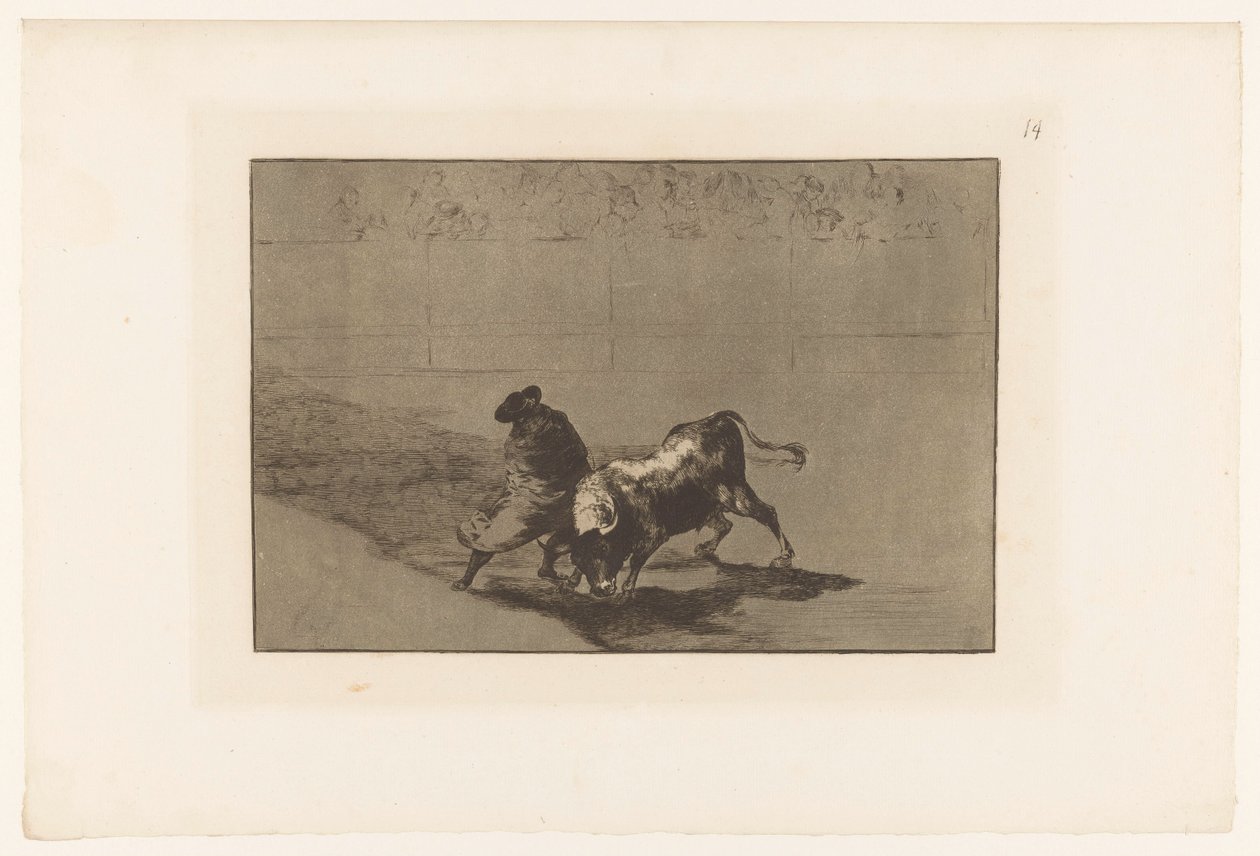 Stierenvechter in een arena El diestrísimo estudiante de Falces, embozado burla al toro con sus quiebros Stierengevechten (series title) La Taureaumachie (series title) La Tauromaquia (series title) de Francisco de Goya
