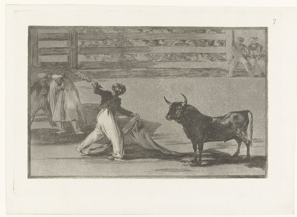 Stierenvechter met banderilla Origen de los arpones ó banderillas Stierenvechten (series title) La Tauromaquia (series title) de Francisco de Goya