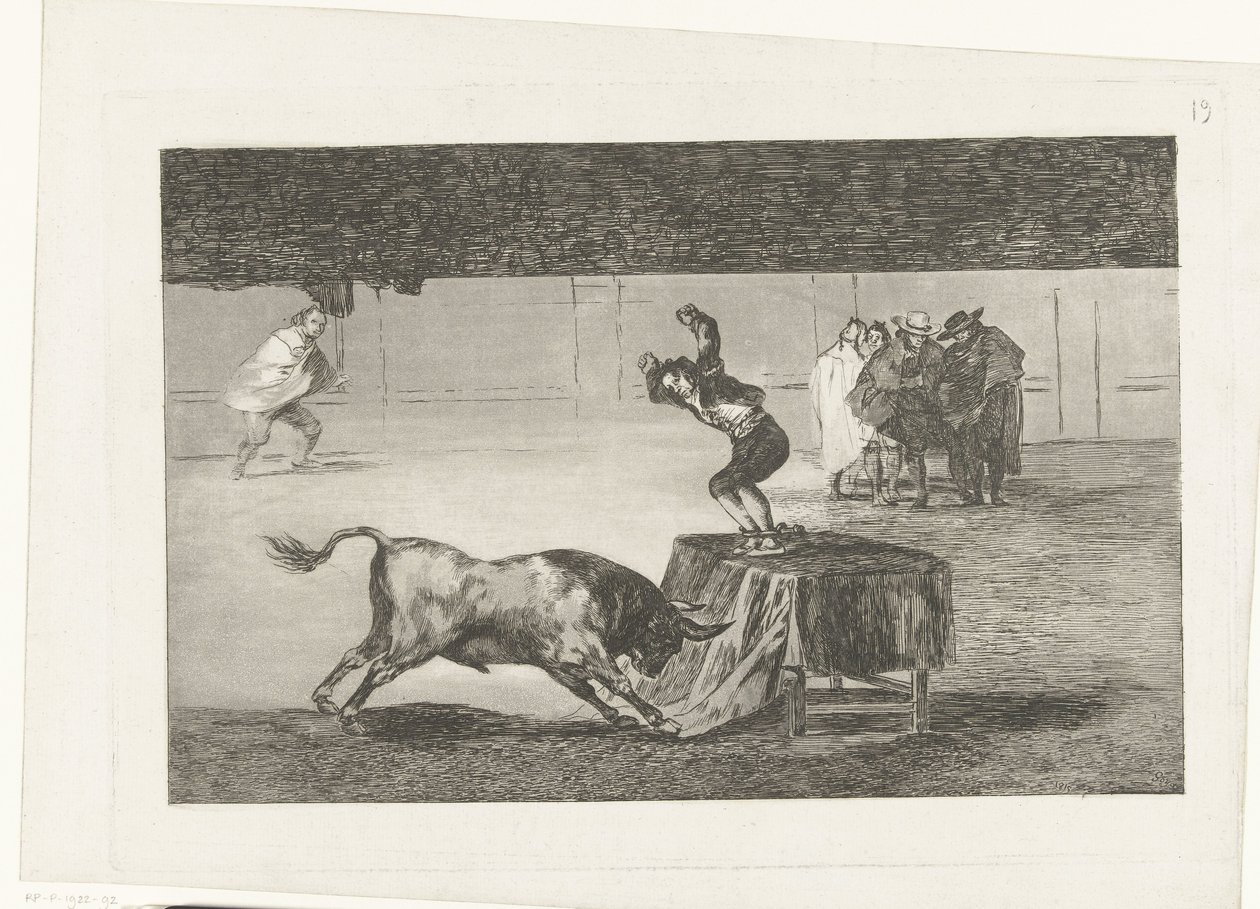Torero de pie sobre una mesa en una arena Otra locura suya y la misma plaza La Tauromaquia (título de la serie) Corridas de toros (título de la serie) de Francisco de Goya