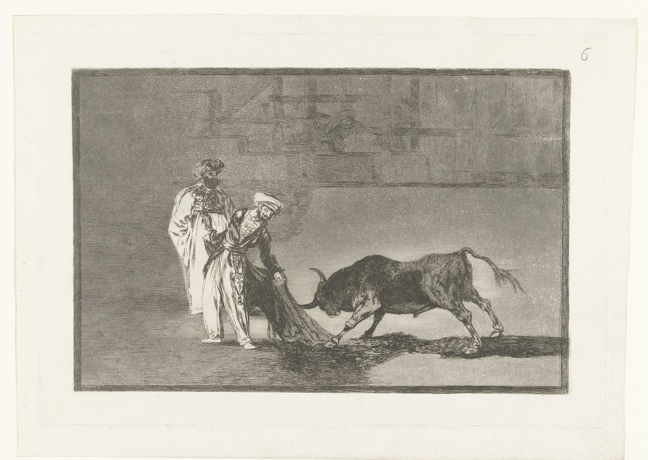 Stierenvechten in een arena Los Moros hacen otro capeo en plaza con su albornoz Stierenvechten (series title) La Tauromaquia (series title) de Francisco de Goya