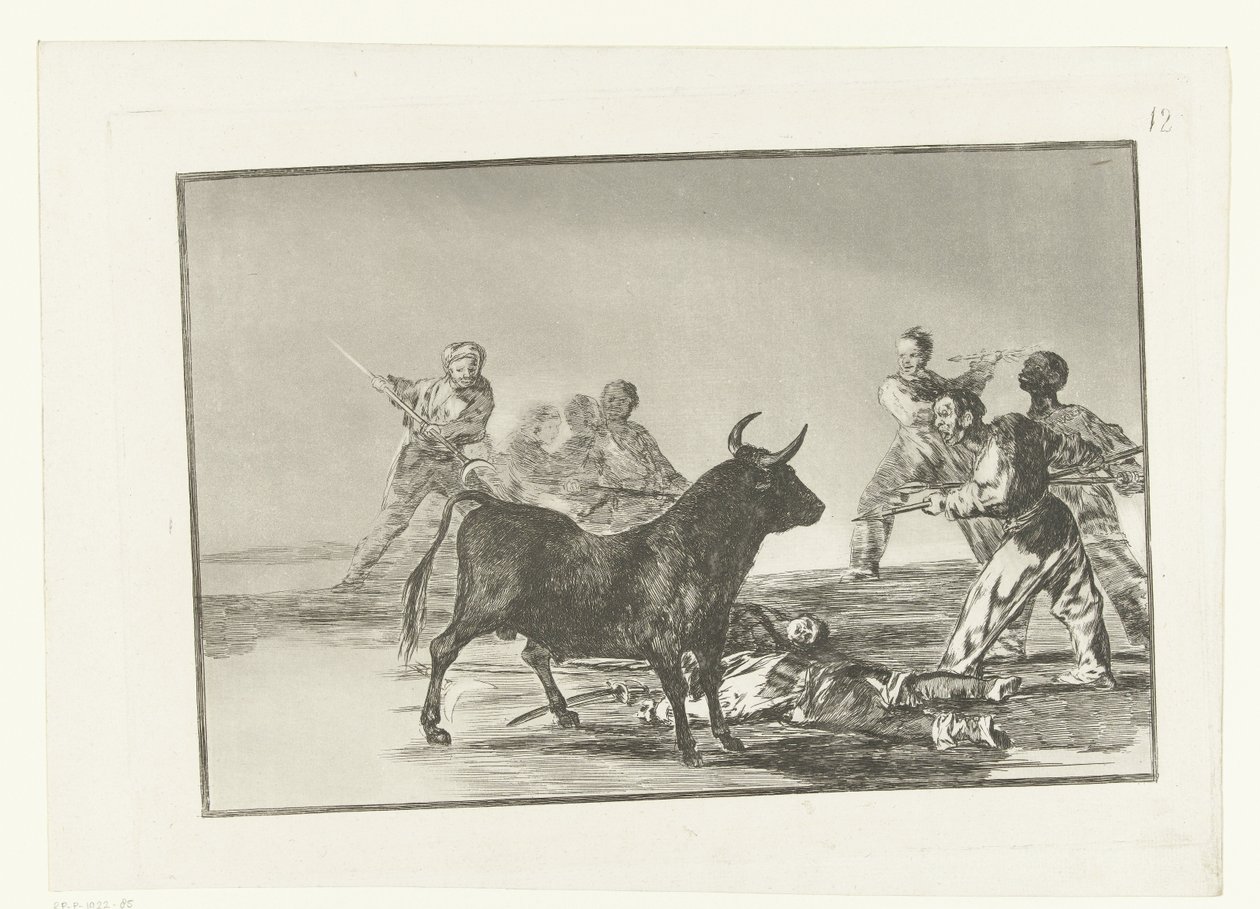 Stierenvechten rondon en stier Desjarrete de la canalla con lanzas. medias-lunas, banderillas y otra armas Stierenvechten (series title) La Tauromaquia (series title) de Francisco de Goya