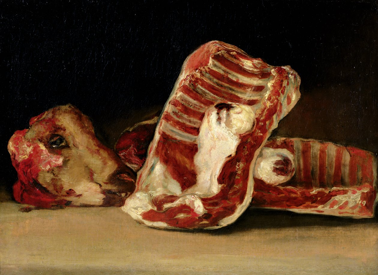 Bodegón de costillas y cabeza de oveja - El mostrador del carnicero de Francisco de Goya