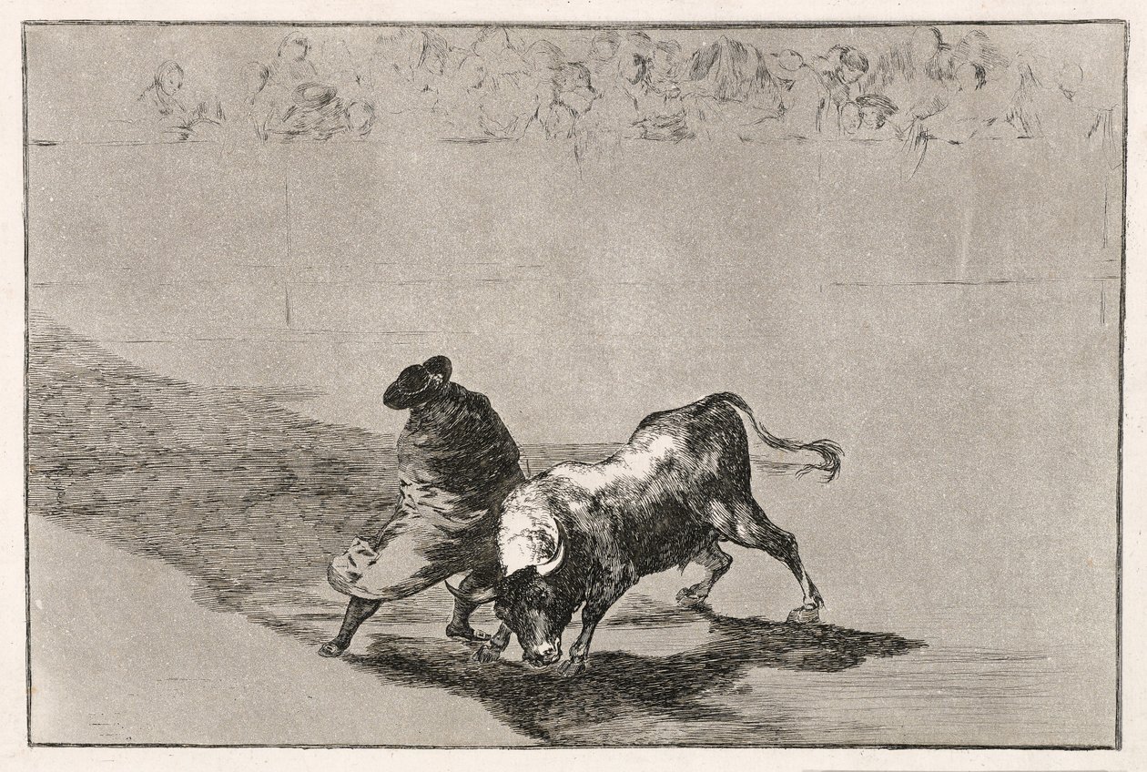 El estudiante astuto de Falces enfurece al toro moviéndose envuelto en su capa, 1814-16 de Francisco de Goya