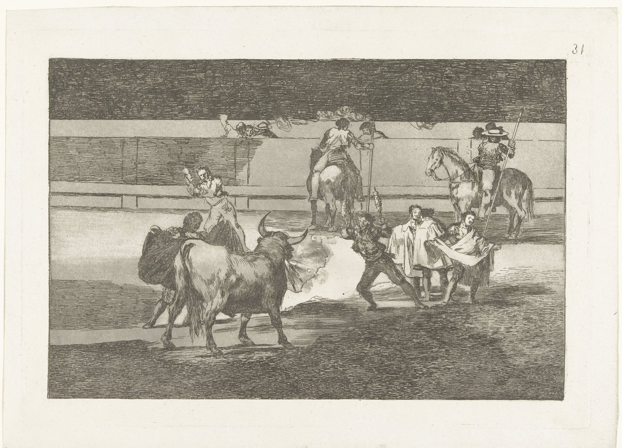 Torero met brandende banderillas Banderillas de fuego La Tauromaquia (series title) Stierenvechten (series title) de Francisco de Goya