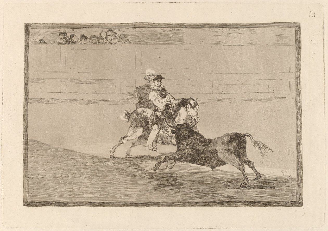 Un caballero español en plaza quebrando rejoncillos sin auxilio de los chulos de Francisco de Goya