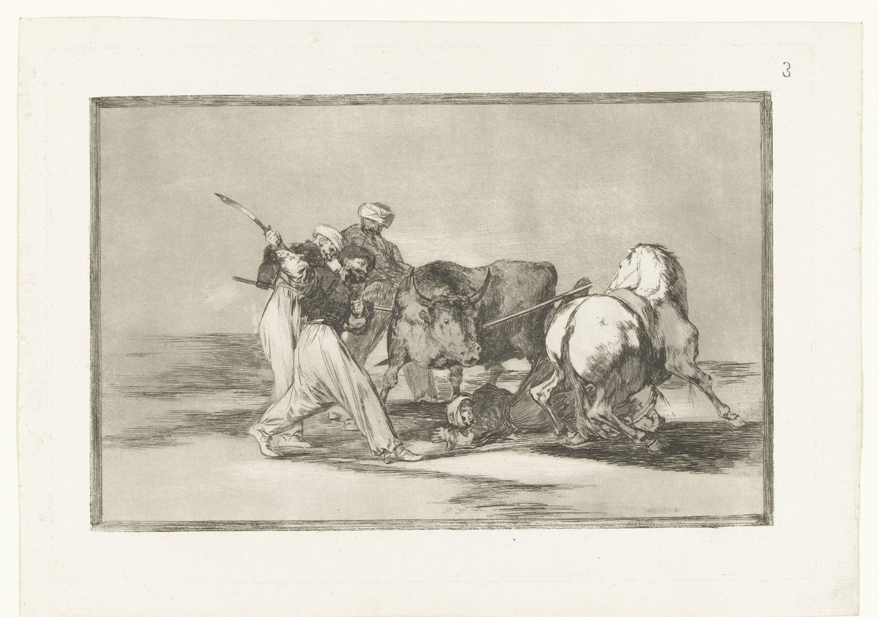 Vier mannen jagen op een stier Los Moros establecidos en Espagña, prescindiendo de las supersticiones de su Alcorán, adoptaron esta caza y arte, y lancean un toro en el campo Stierenvechten (series title) La Tauromaquia (series title) de Francisco de Goya