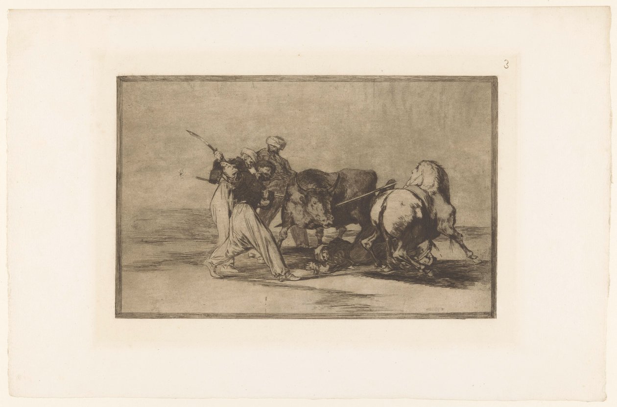 Vier mannen jagen op een stier Los Moros establecidos en españa, prescindiendo de las supersticiones de su alcorán (...) Stierengevechten (series title) La Taureaumachie (series title) La Tauromaquia (series title) de Francisco de Goya
