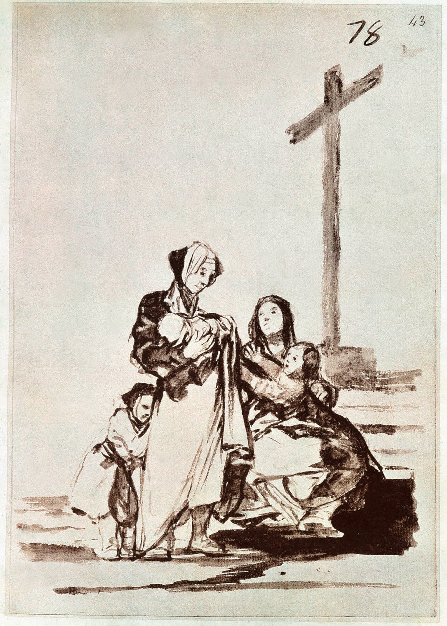 Mujeres y niños cerca de una cruz (grabado) de Francisco de Goya
