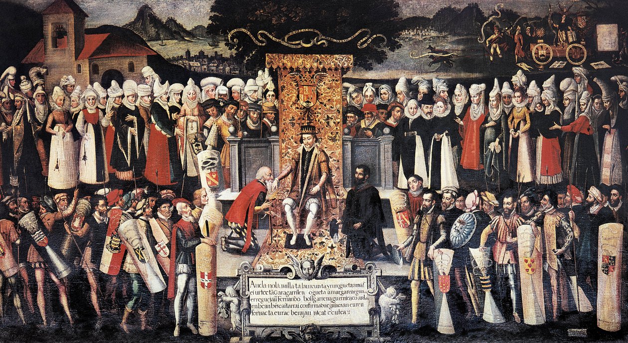 Ceremonia de besamanos tras la declaración de privilegios del rey Fernando el Católico (1452-1516). Pintura de Francisco de mendieta Y Retes (siglo XVI). España, Guernica. Casa de Juntas. de Francisco de Mendieta y Retes