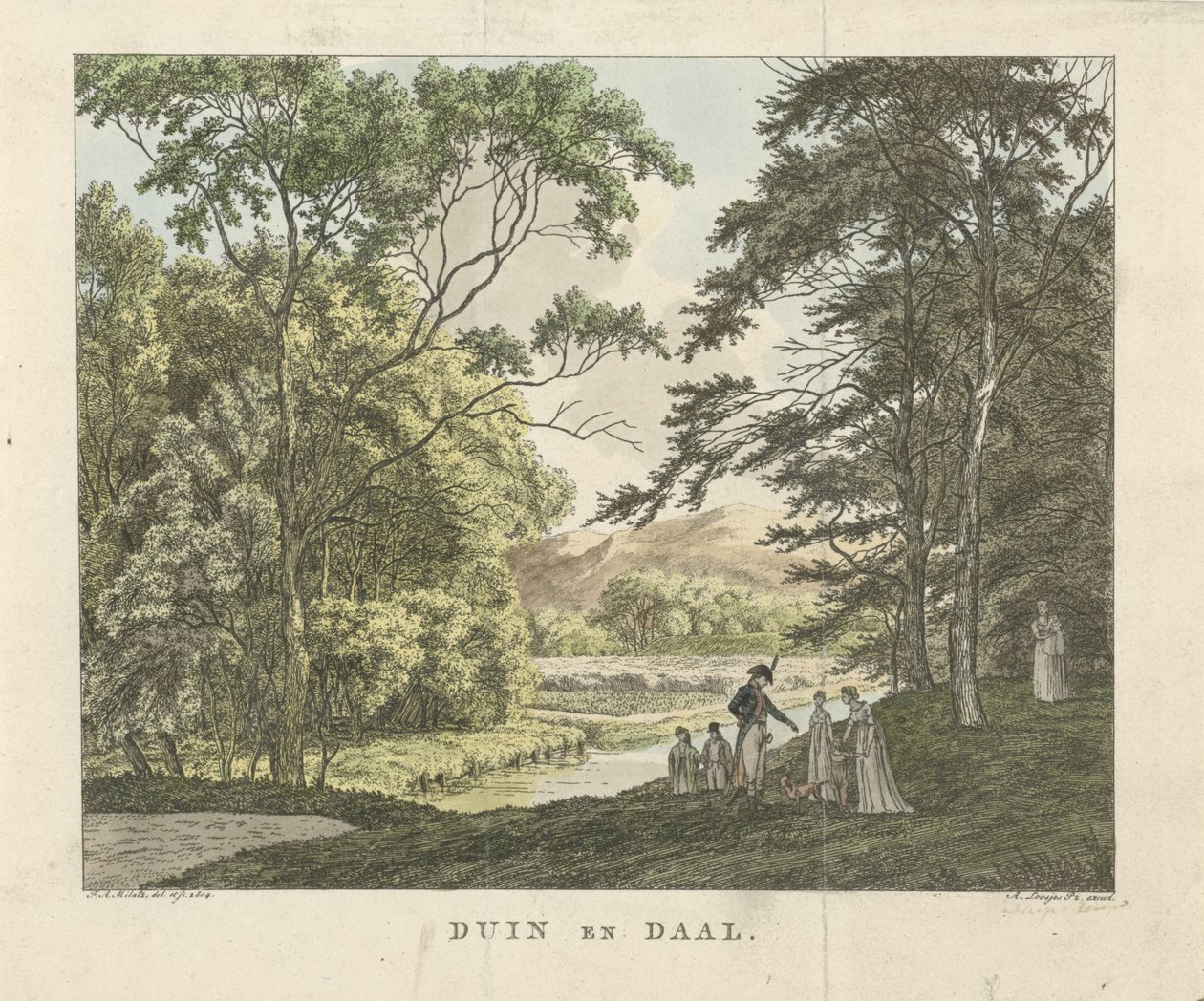 Excursionistas en la finca de Duin en Daal Dune y Daal (título sobre el objeto) de Franciscus Andreas Milatz