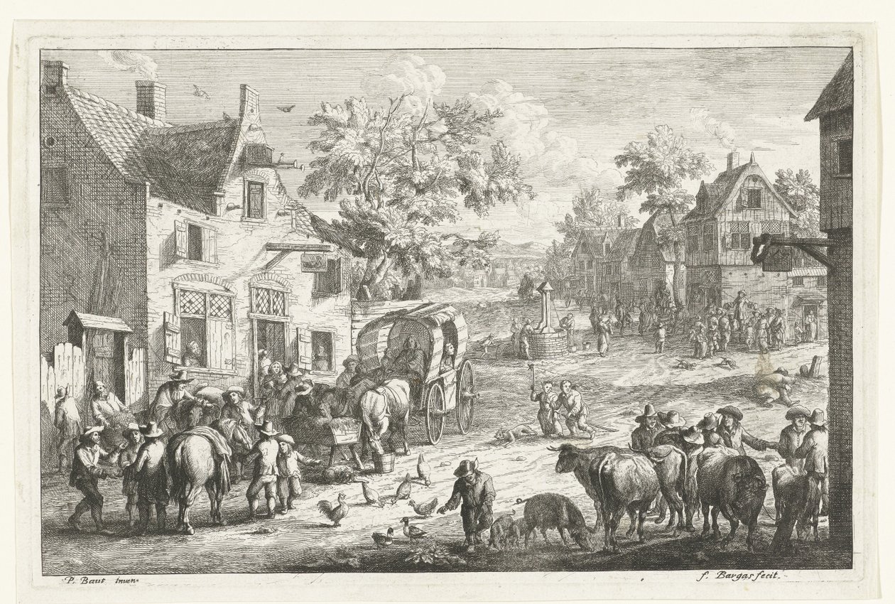 Vista del pueblo con viajeros y comerciantes de ganado en la posada de Franciscus de Bargas