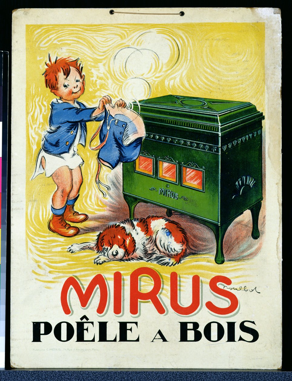 Anuncio de la estufa de leña "Mirus" (litografía en color) de Francisque Poulbot