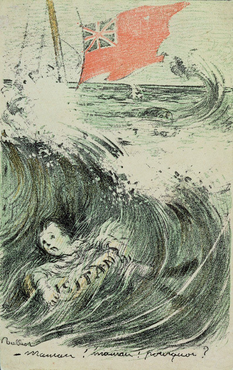 "¡Madre! ¡Madre! ¿Por qué?", un niño ahogado tras el torpedeo del Lusitania por un submarino alemán, 7 de mayo de 1915 (grabado en color) de Francisque Poulbot