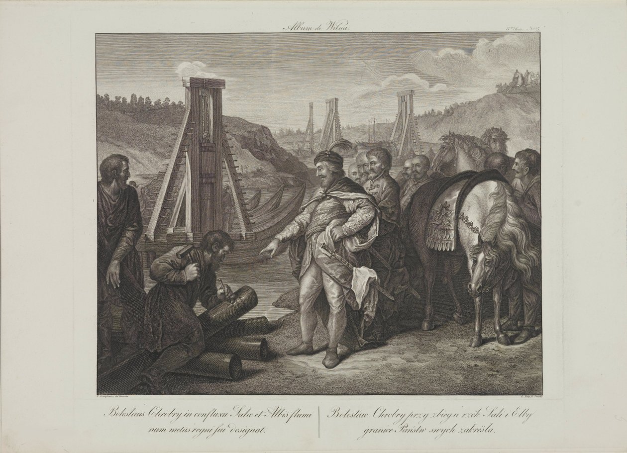 Boleslao I de Polonia clava postes fronterizos en los ríos Elba y Saale por Smuglewicz, Franciszek (1745-1807). Litografía, finales del siglo XVIII. Colección particular de Franciszek Smuglewicz