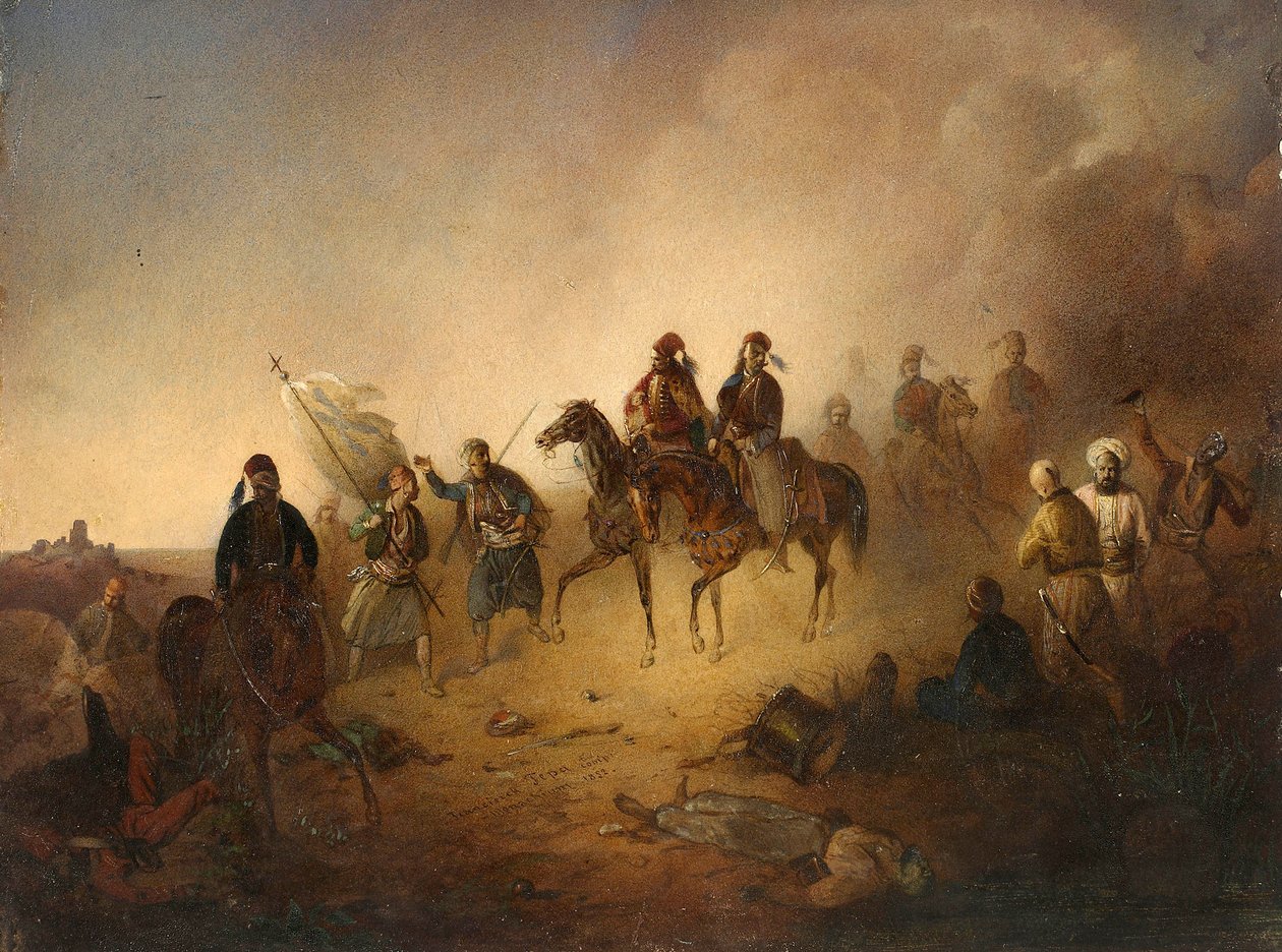 Markos Botzaris (Botsaris) (vers 1788-1823) en la batalla de Karpenisi, la noche del 8 de agosto de Franciszek Tomasz Tepa