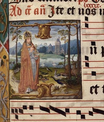 MS.41.f.84r Dios rodeado de pájaros y animales, Antífona para Septuagésima de Franco Flemish School
