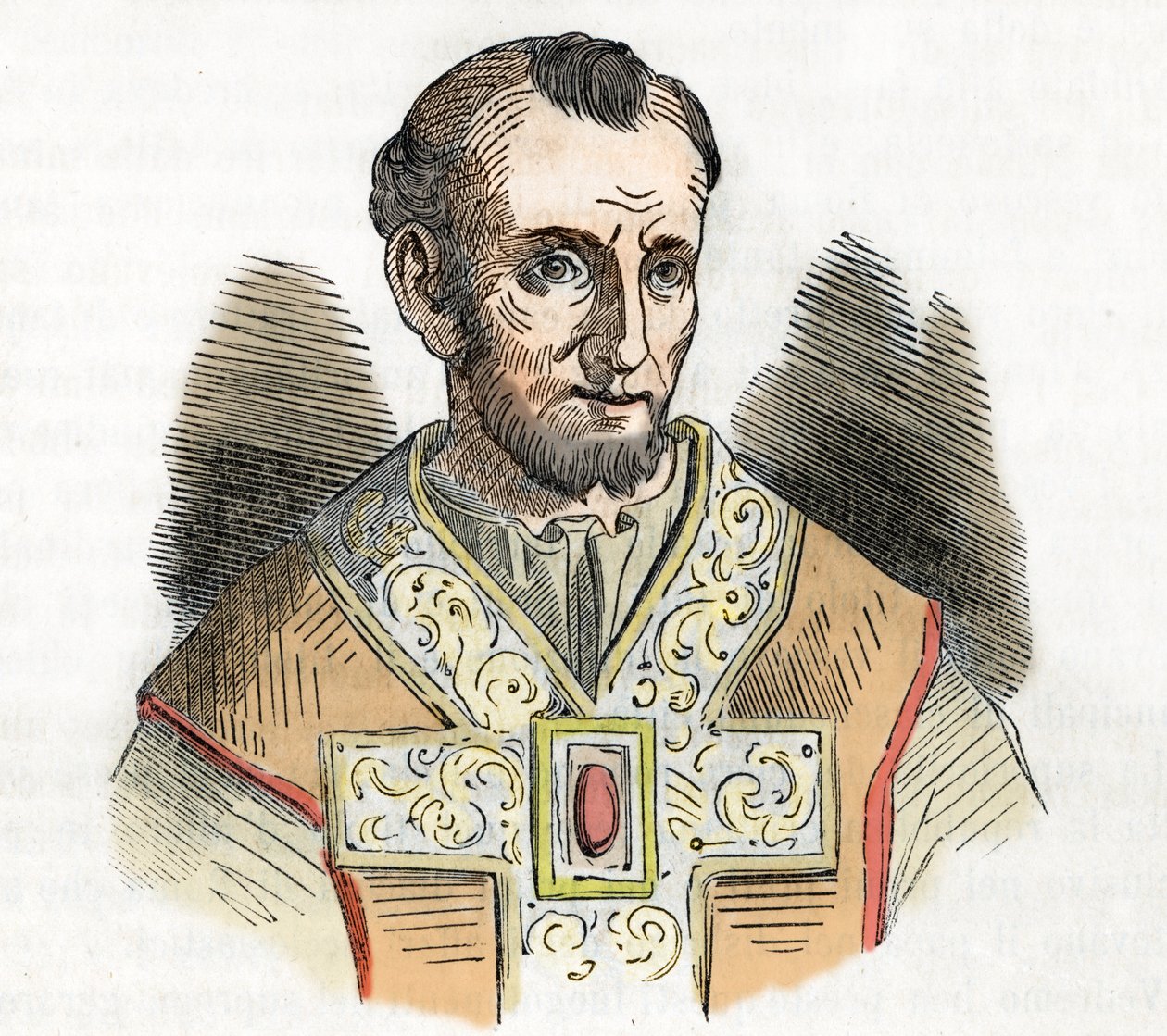 Edad Media: representación del Papa Nicolás I el Grande (Nicola I, Nicholas o Nicolo o Niccolo o Nicolaus) (858-867) dibujo de "I misteri del vaticano" de Franco Mistrali 1843 de Franco Mistrali