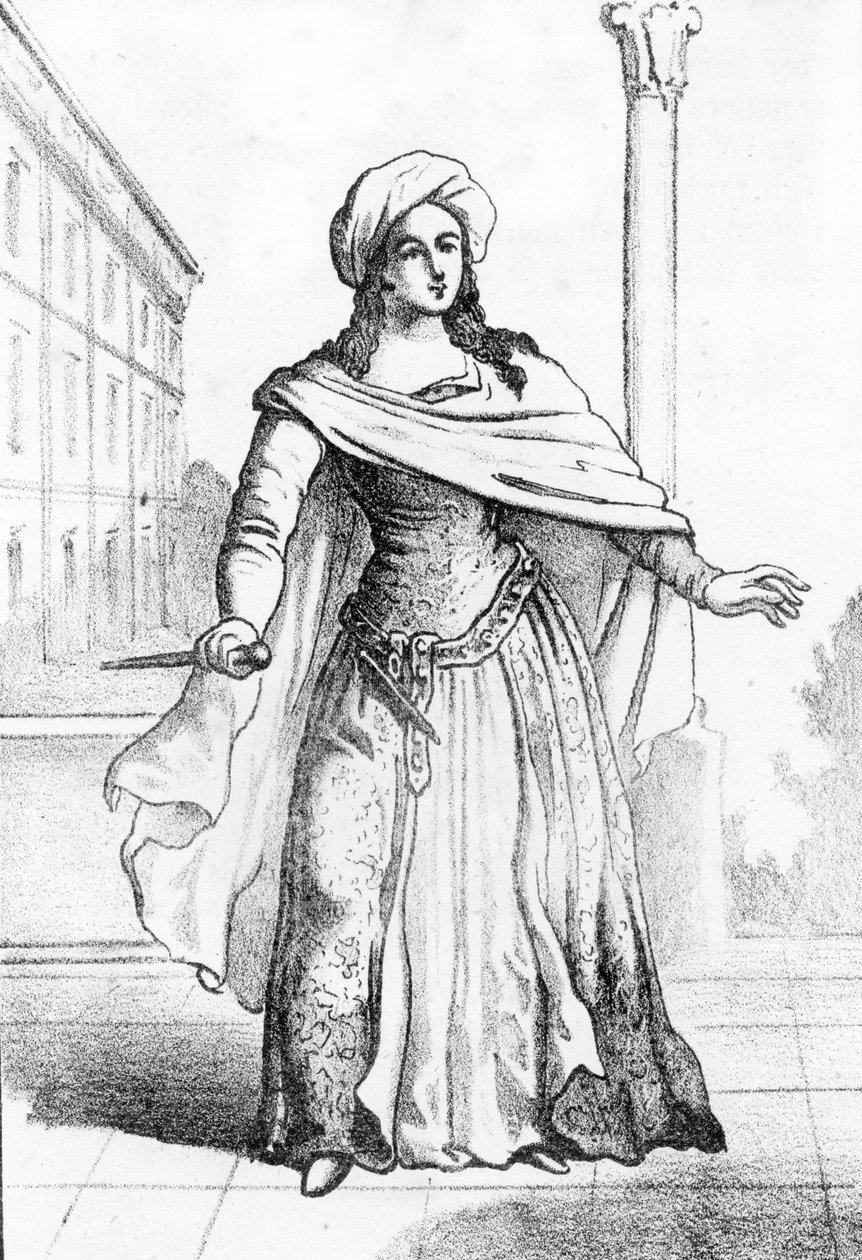 Retrato de la joven romana Beatrice Cenci (1577-1599) acusada del asesinato de su padre Francesco Cenci en 1598 (Retrato de la joven noble romana Beatrice Cenci que asesinó a su padre, el conde Francesco Cenci en 1598) Grabado de "I misteri del va de Franco Mistrali