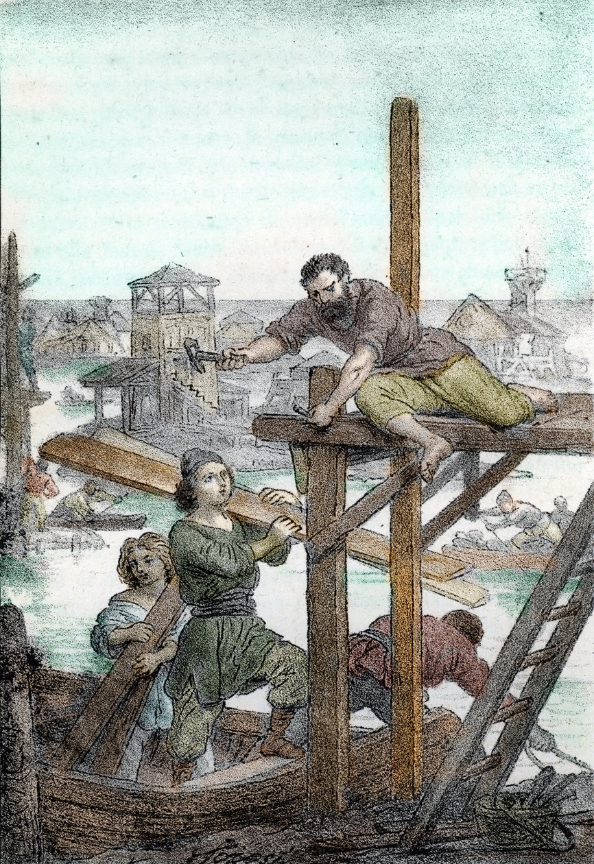 Refugiados cazados por los hunos de Atila instalan los cimientos de la ciudad de Venecia, siglo V (Fundación de Venecia por los refugiados cazados por los bárbaros de Atila, siglo V) Dibujo de "I misteri del vaticano" de Franco Mistrali 1846 de Franco Mistrali