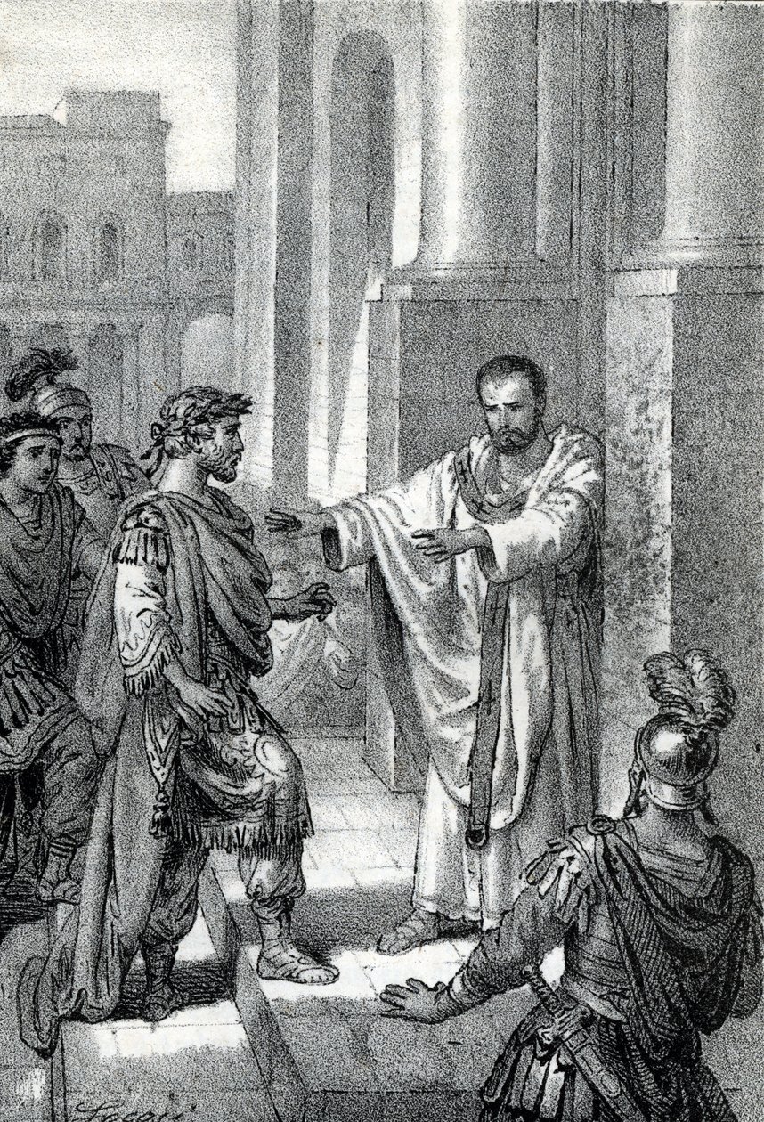 El arzobispo San Ambrosio de Milán (Aurelius Ambrosius, Ambrogio di Milano (340-397) prohibió la entrada de la iglesia al emperador romano Teodosio I (Flavius Theodosius) (347-395) para castigarlo por la masacre de Tesalónica en 390 - Excommunicati de Franco Mistrali