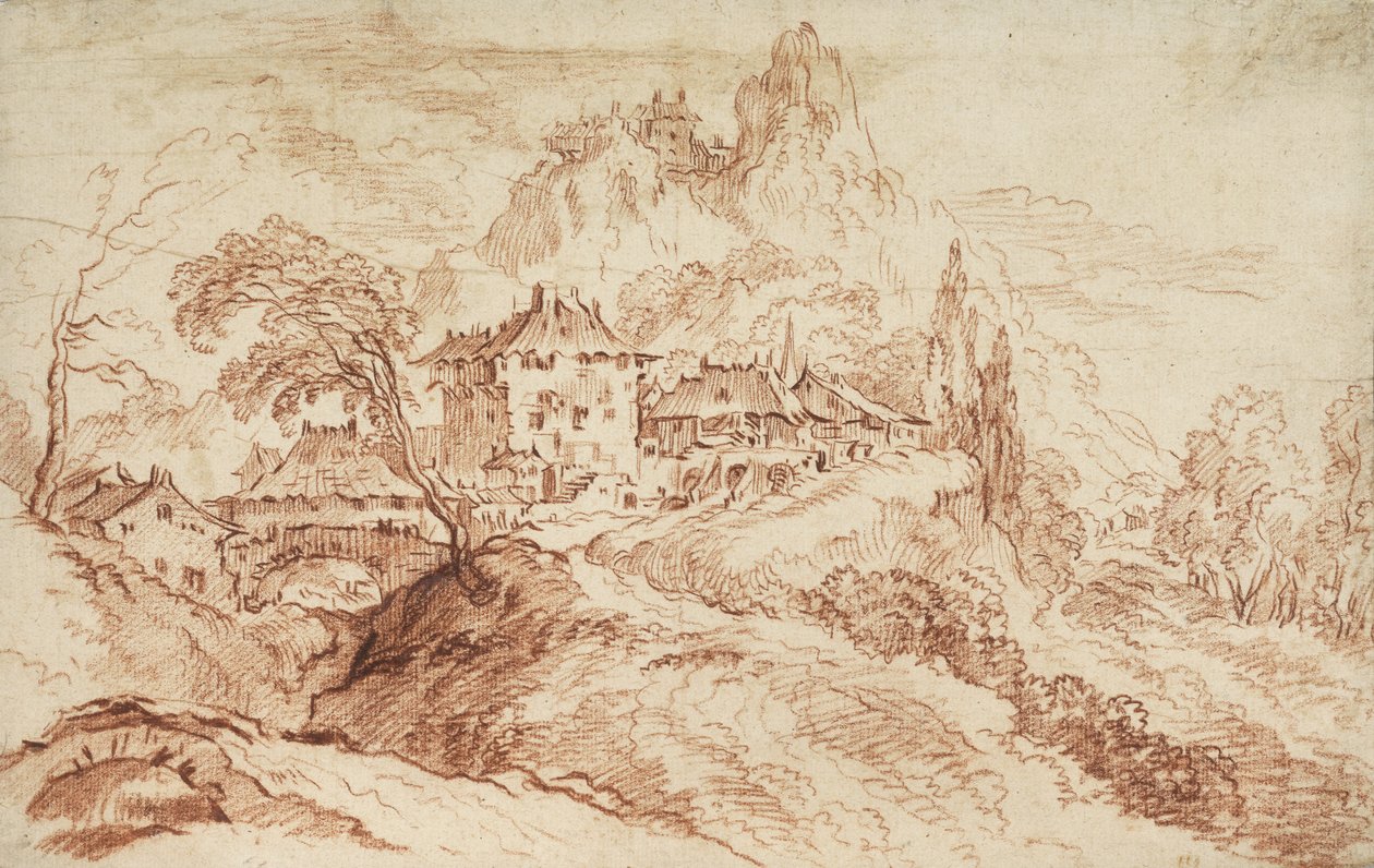 Un pueblo italiano en un paisaje montañoso de François Boucher