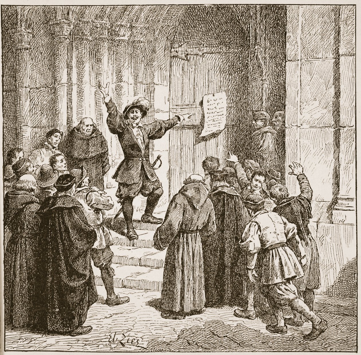 Aske fijando su proclamación en la puerta de la Catedral de York, ilustración de 