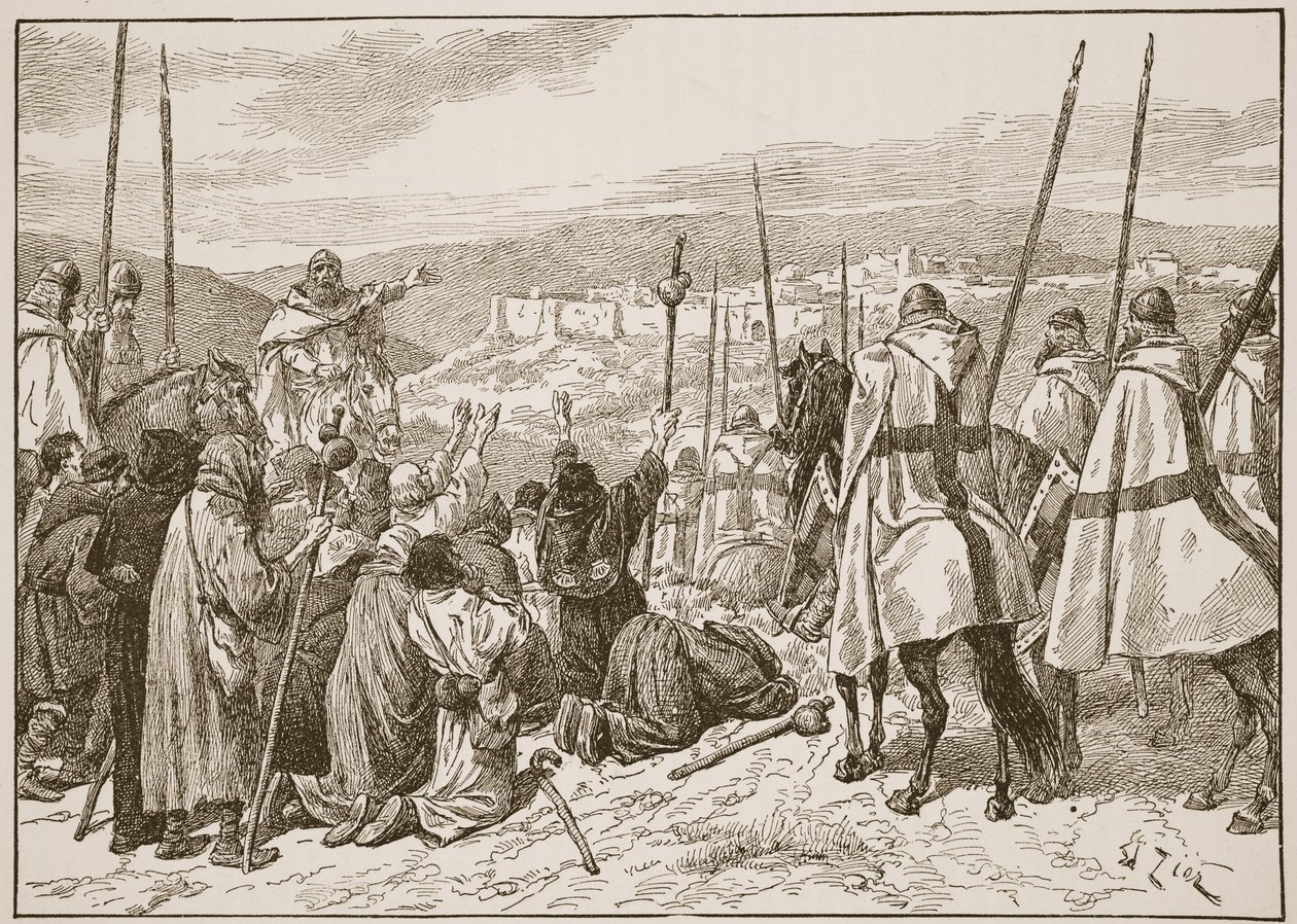 Peregrinos bajo escolta de Caballeros Templarios, a la vista de Jerusalén, ilustración de 