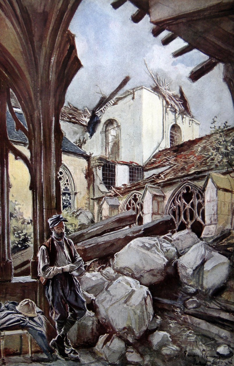 Catedral de Verdún después de un bombardeo alemán, 1914 de Francois Flameng