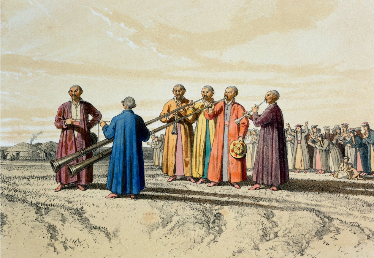 Oración vespertina entre los Kalmuks, usando trompetas extralargas, ilustración de 