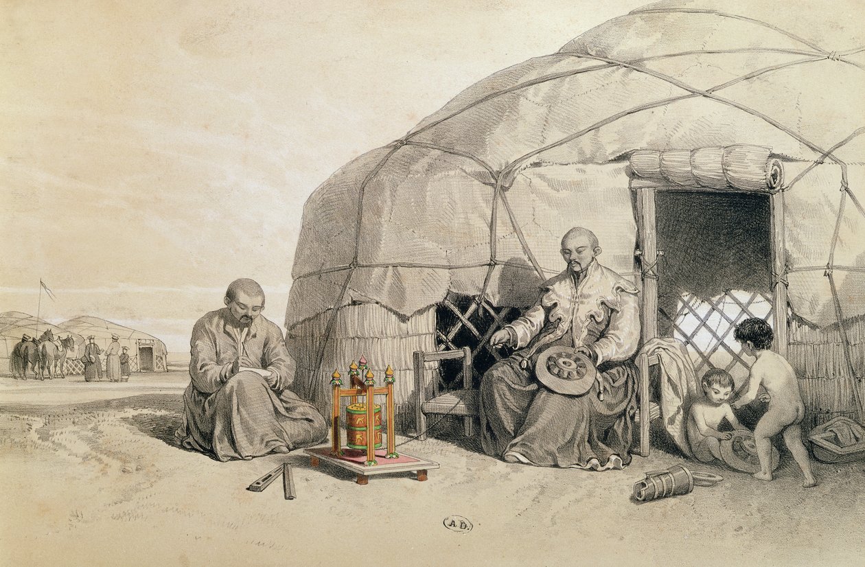 Kalmuks con una rueda de oración, Siberia, ilustración de 