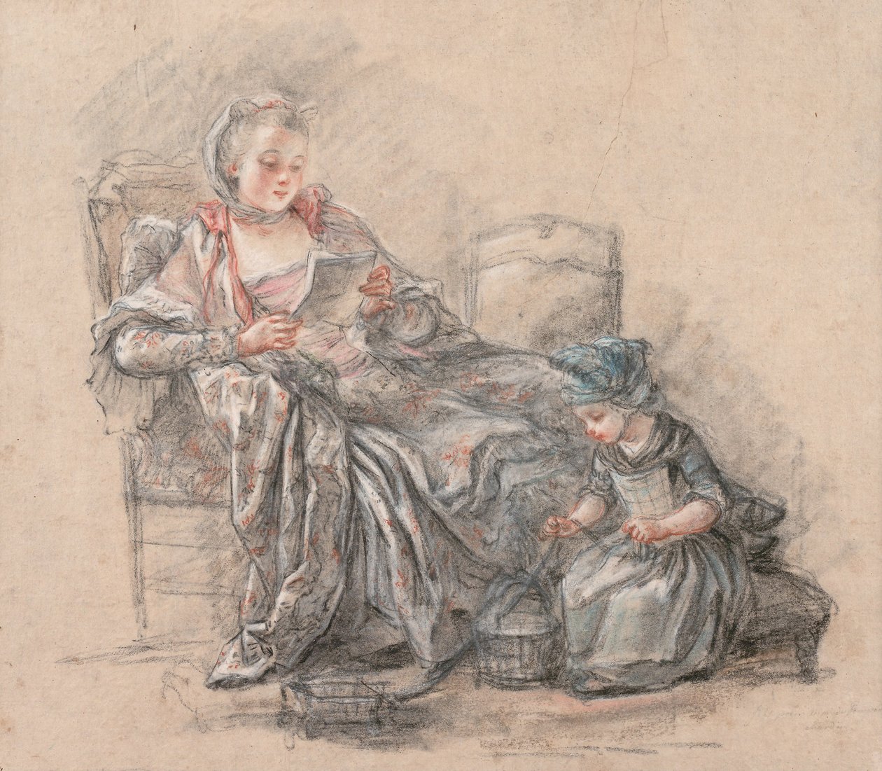 Mujer leyendo y una niña jugando (presumiblemente la marquesa de Pompadour con su hija Alexandrine), 1748 de Francois Guérin