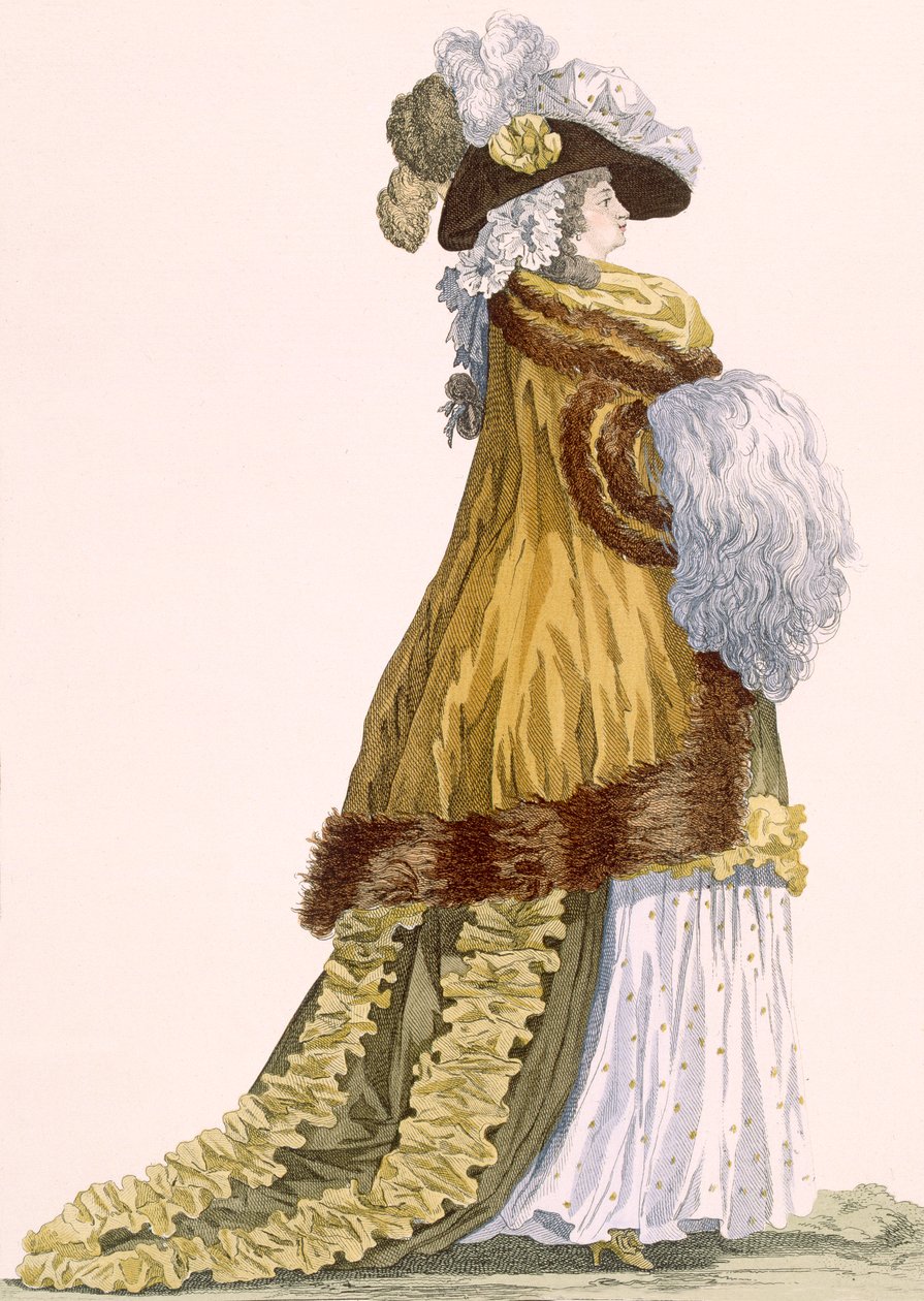 Vestido de ópera de dama con capa de satén lujosa con borde de piel, grabado por Dupin, lámina no.217 de 